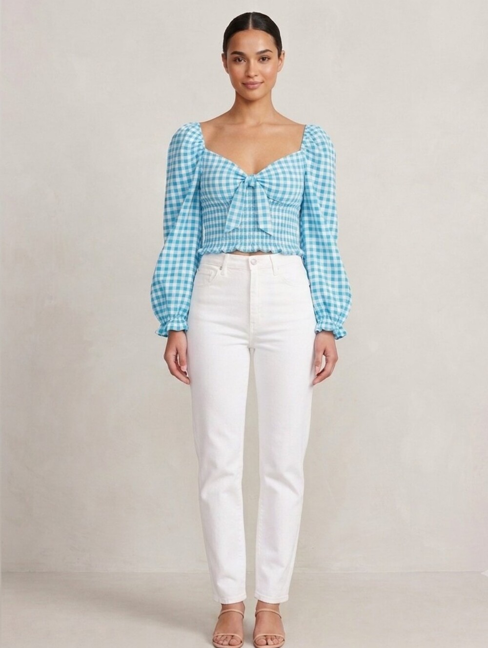 NWOT Zara Linen Blend Smocked Romantic Gingham Cropped Blouse